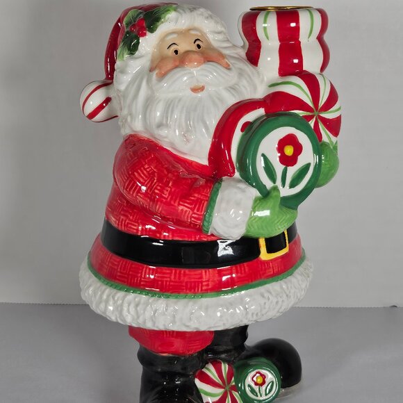 Fitz and Floyd Peppermint Santa Claus Ceramic Candle Holder Figurine - Picture 1 of 9
